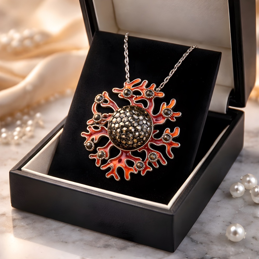*NWT* Thailand Floral Enamel and Marcasite 925 Silver Pendant Necklace